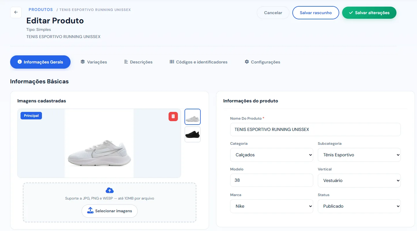 Tela real de edição de produto no CadVision, com imagem e informações básicas