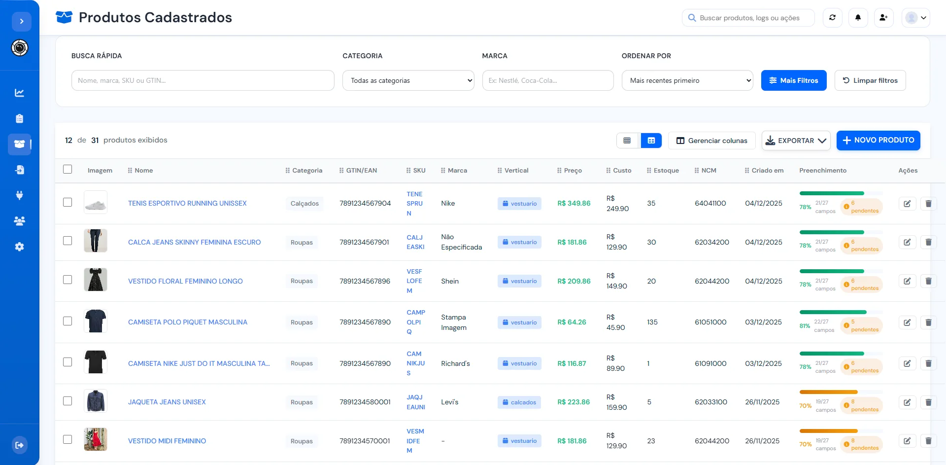 Tela real do CadVision com lista, filtros e ações do catálogo de produtos
