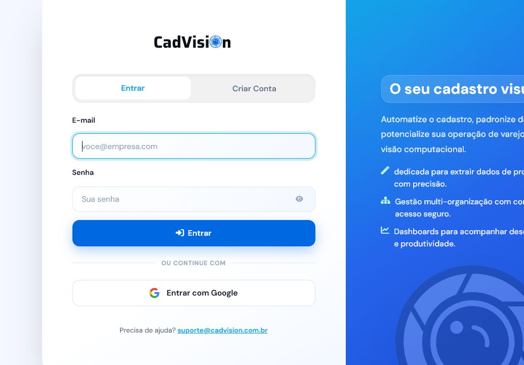 Tela de acesso do CadVision com apresentação das capacidades do produto