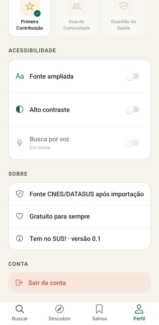Ajustes de acessibilidade do Tem no SUS! com fonte ampliada, alto contraste e busca por voz